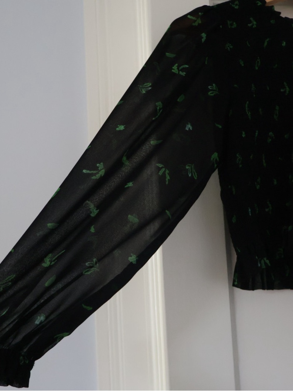 Wilfred (Aritzia) Black Top with Green Leaf Print